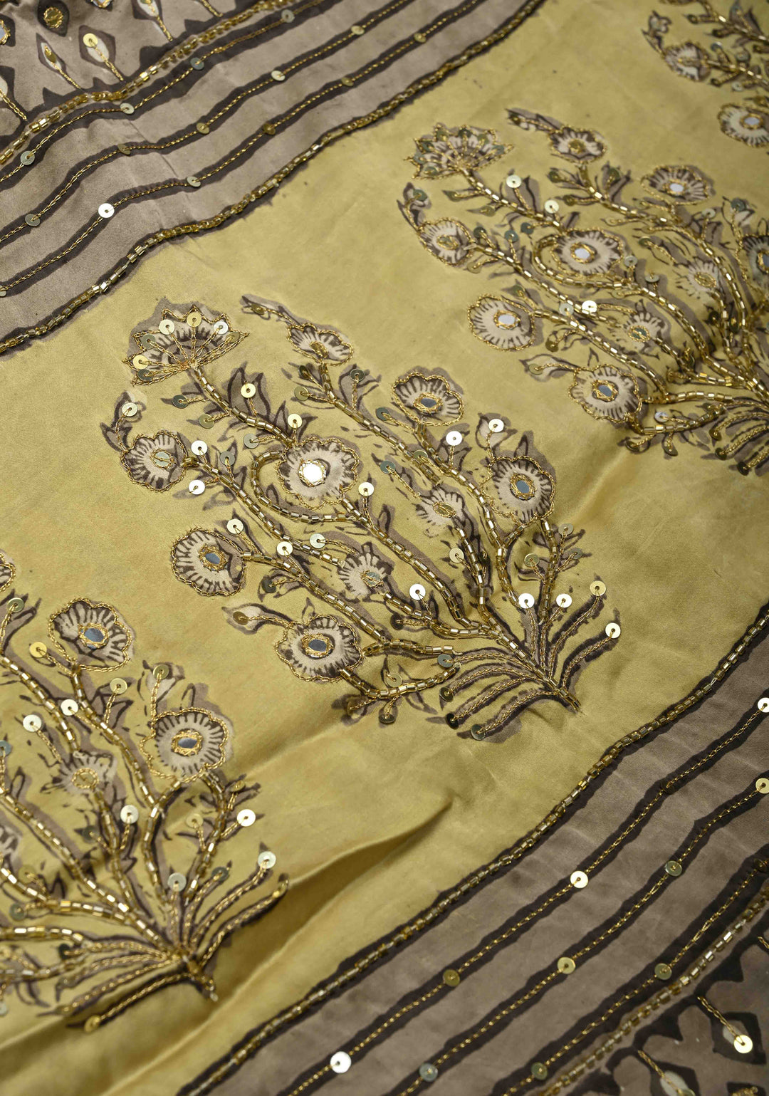 Beige Modal Silk Saree with Hand Block Print, Sequins, Cutdana and Mirror Hand embroidery