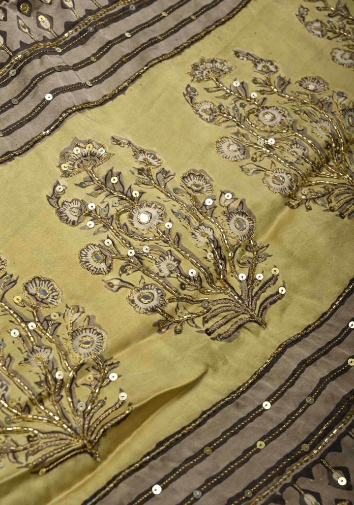 Beige Modal Silk Saree with Hand Block Print, Sequins, Cutdana and Mirror Hand embroidery