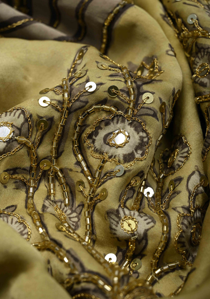 Beige Modal Silk Saree with Hand Block Print, Sequins, Cutdana and Mirror Hand embroidery