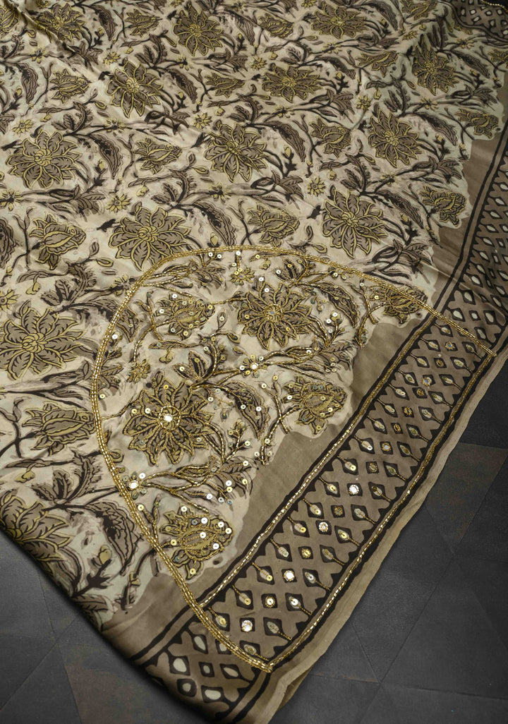 Beige Modal Silk Saree with Hand Block Print, Sequins, Cutdana and Mirror Hand embroidery