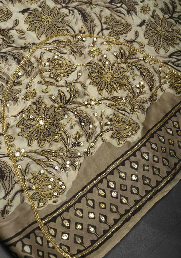 Beige Modal Silk Saree with Hand Block Print, Sequins, Cutdana and Mirror Hand embroidery