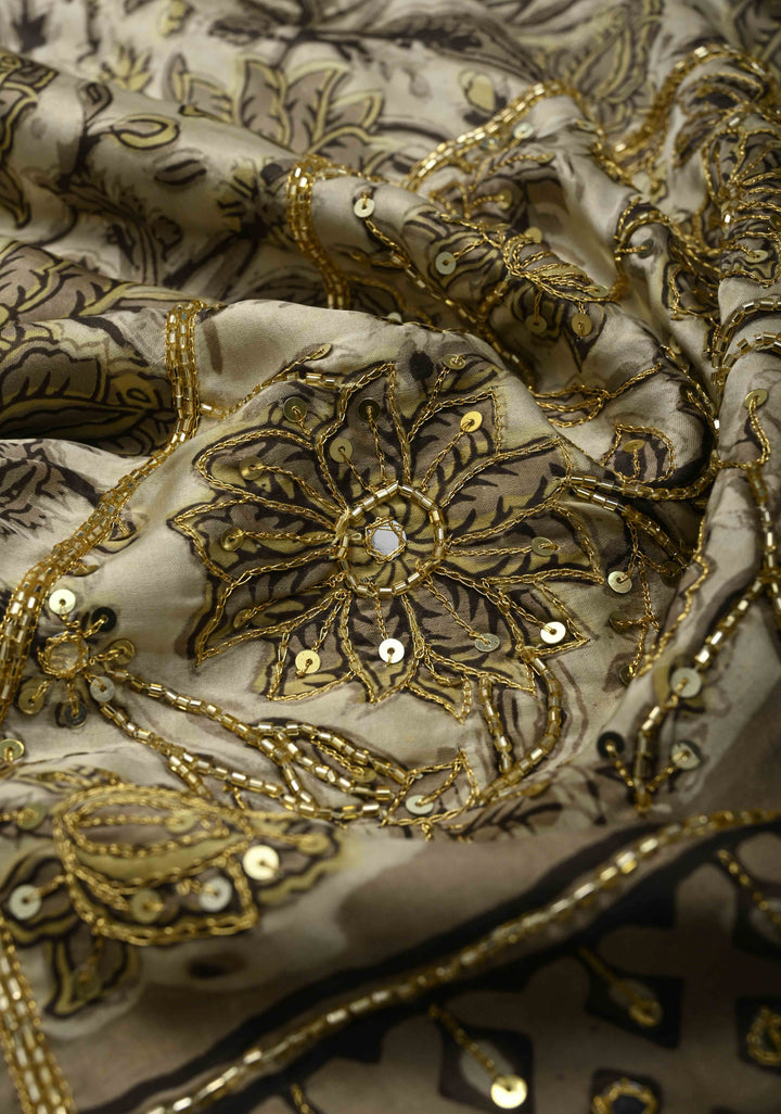 Beige Modal Silk Saree with Hand Block Print, Sequins, Cutdana and Mirror Hand embroidery