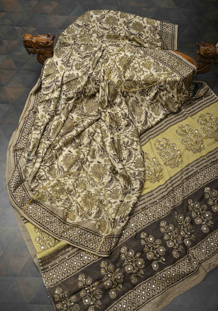 Beige Modal Silk Saree with Hand Block Print, Sequins, Cutdana and Mirror Hand embroidery