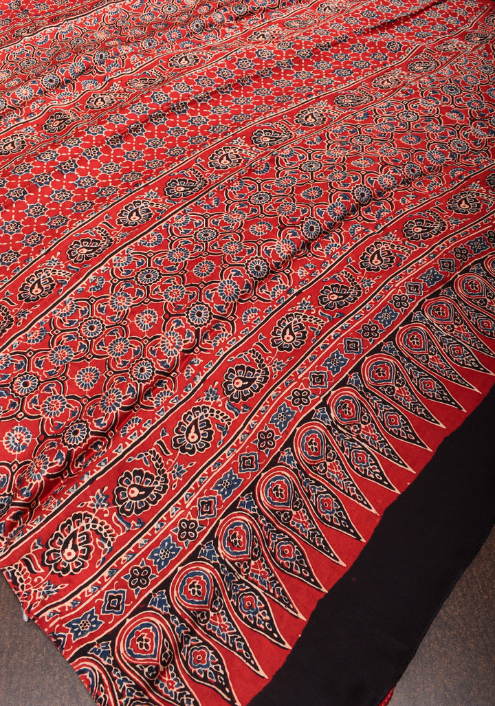 Ajrakh Hand Block Print on Crimson Red Modal Silk Saree