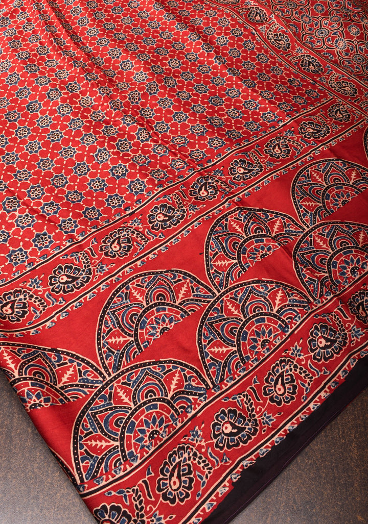 Ajrakh Hand Block Print on Crimson Red Modal Silk Saree