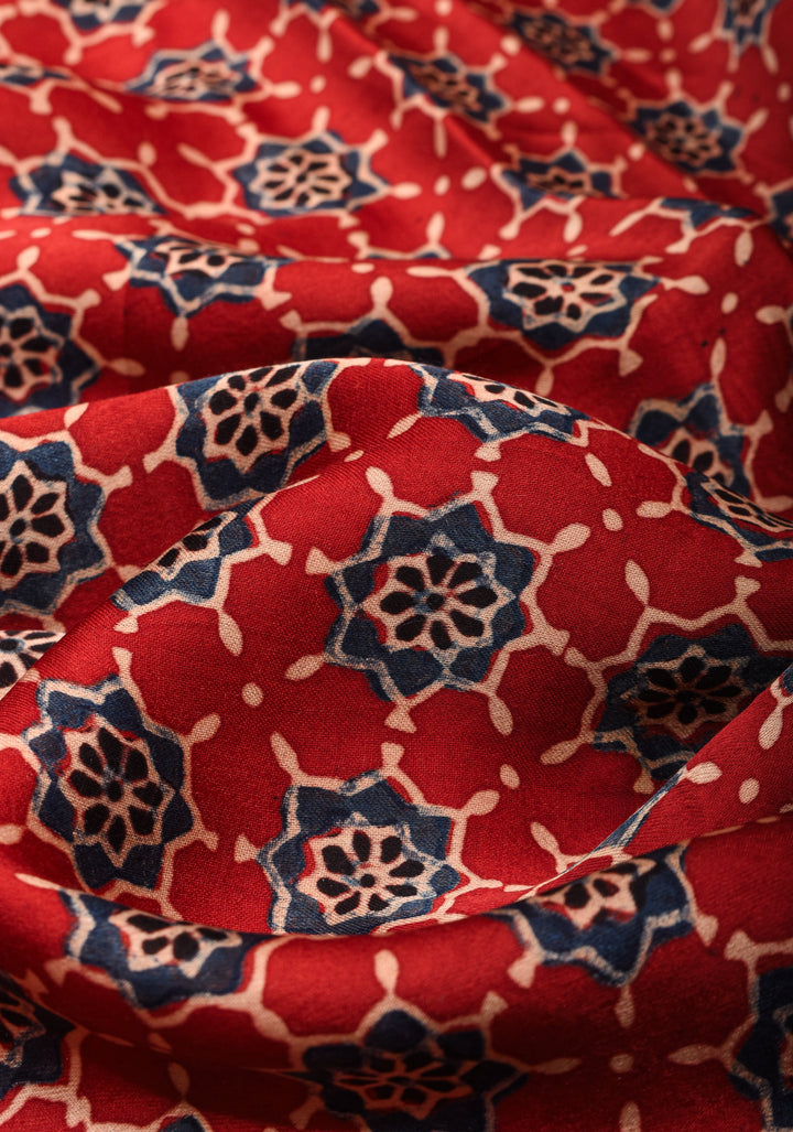 Ajrakh Hand Block Print on Crimson Red Modal Silk Saree
