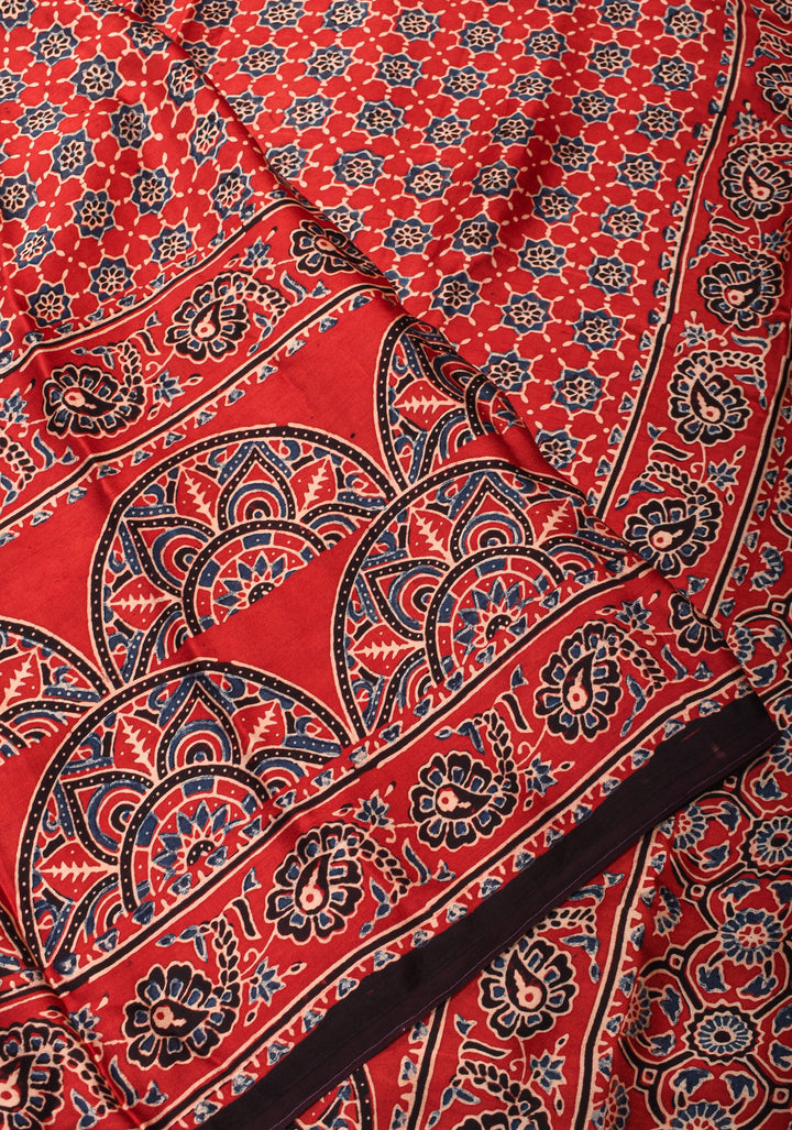 Ajrakh Hand Block Print on Crimson Red Modal Silk Saree