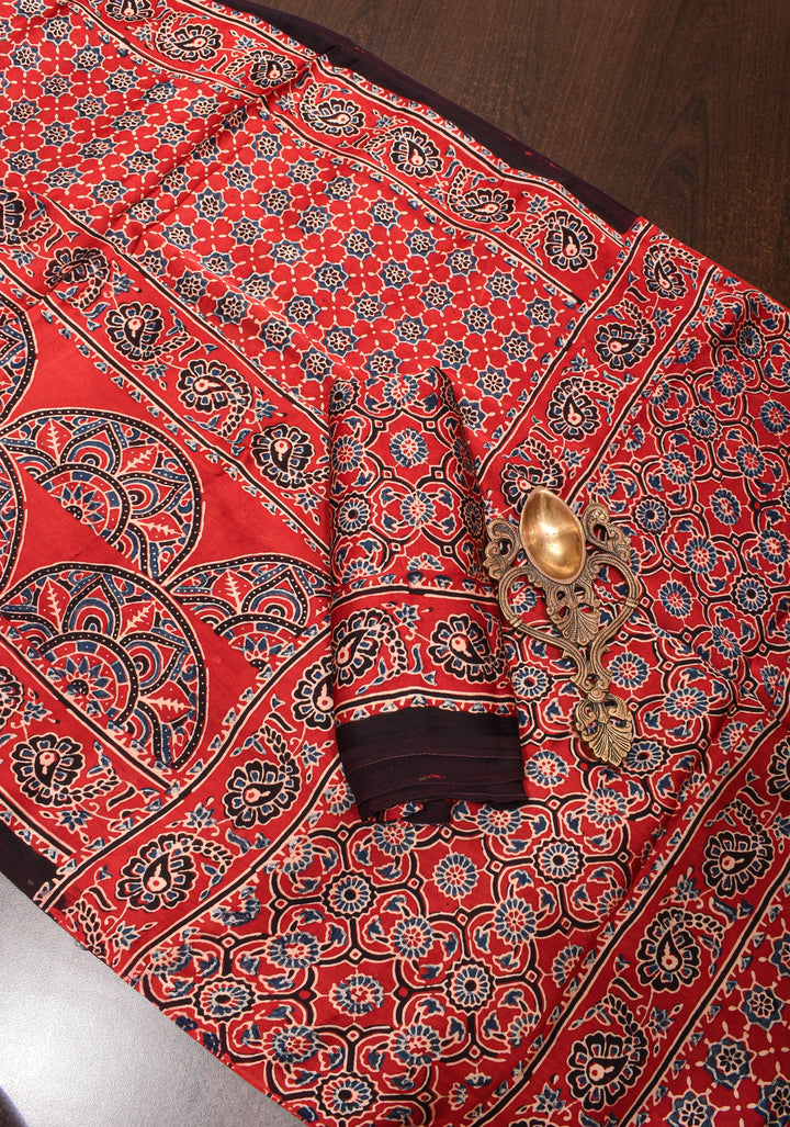 Ajrakh Hand Block Print on Crimson Red Modal Silk Saree