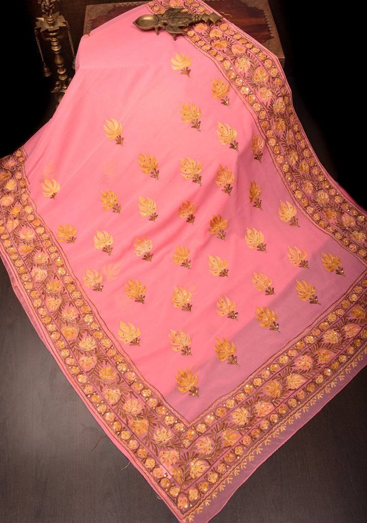 Exquisite Strawberry Pink Georgette Saree with Kashmiri Aari Work and cutdana work