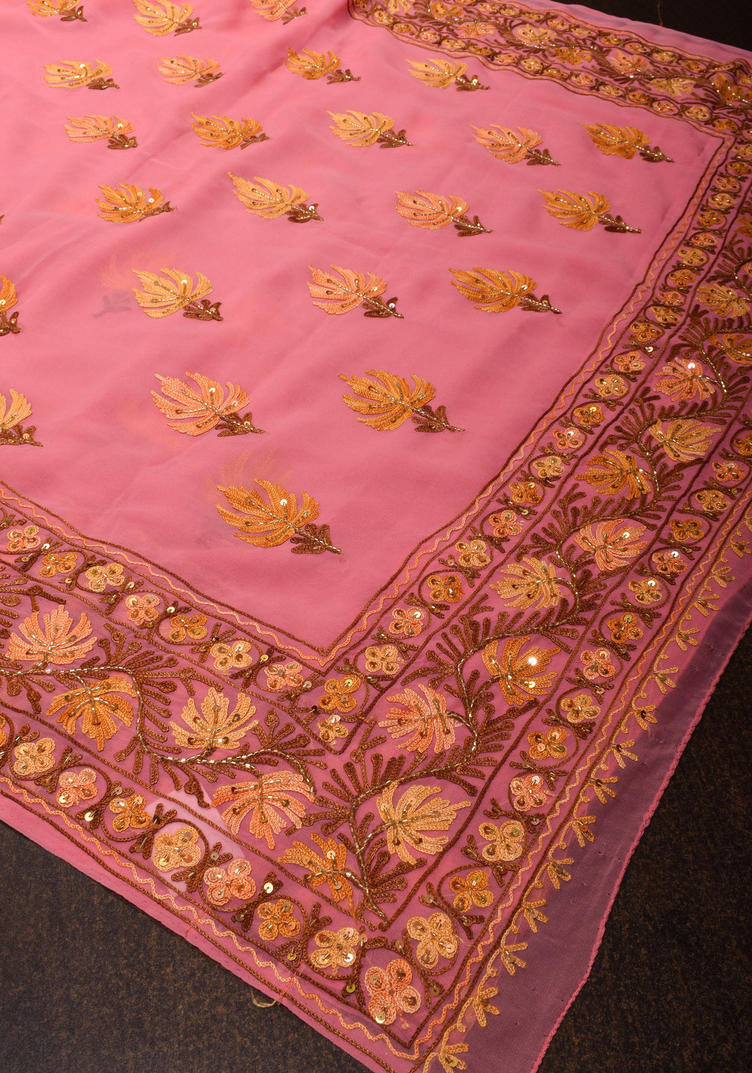 Exquisite Strawberry Pink Georgette Saree with Kashmiri Aari Work and cutdana work