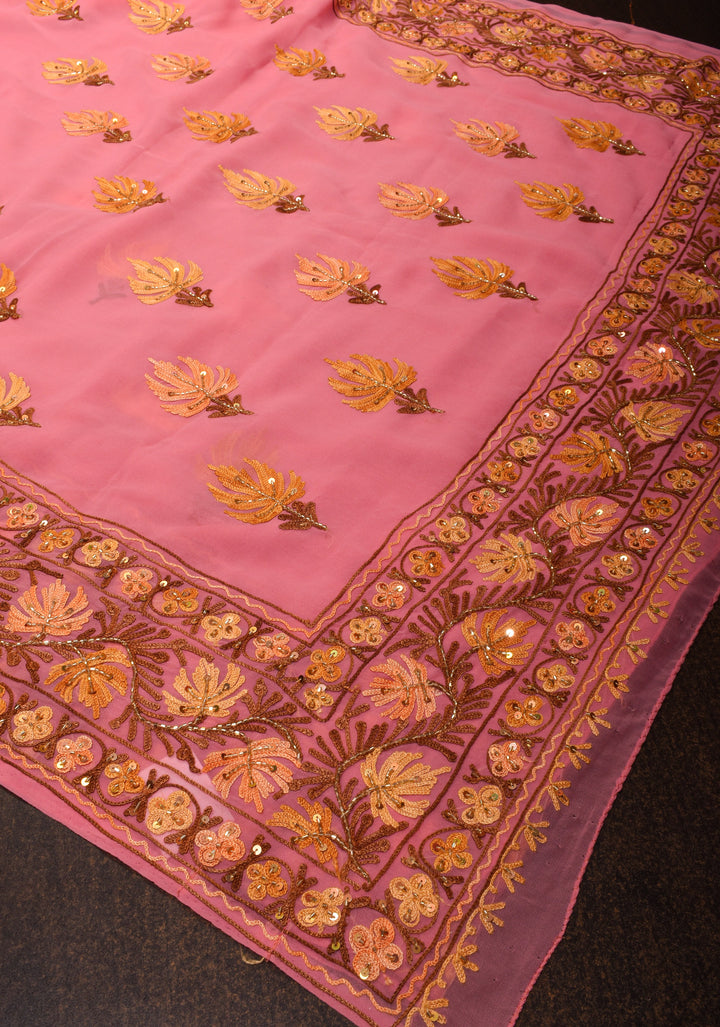 Exquisite Strawberry Pink Georgette Saree with Kashmiri Aari Work and cutdana work