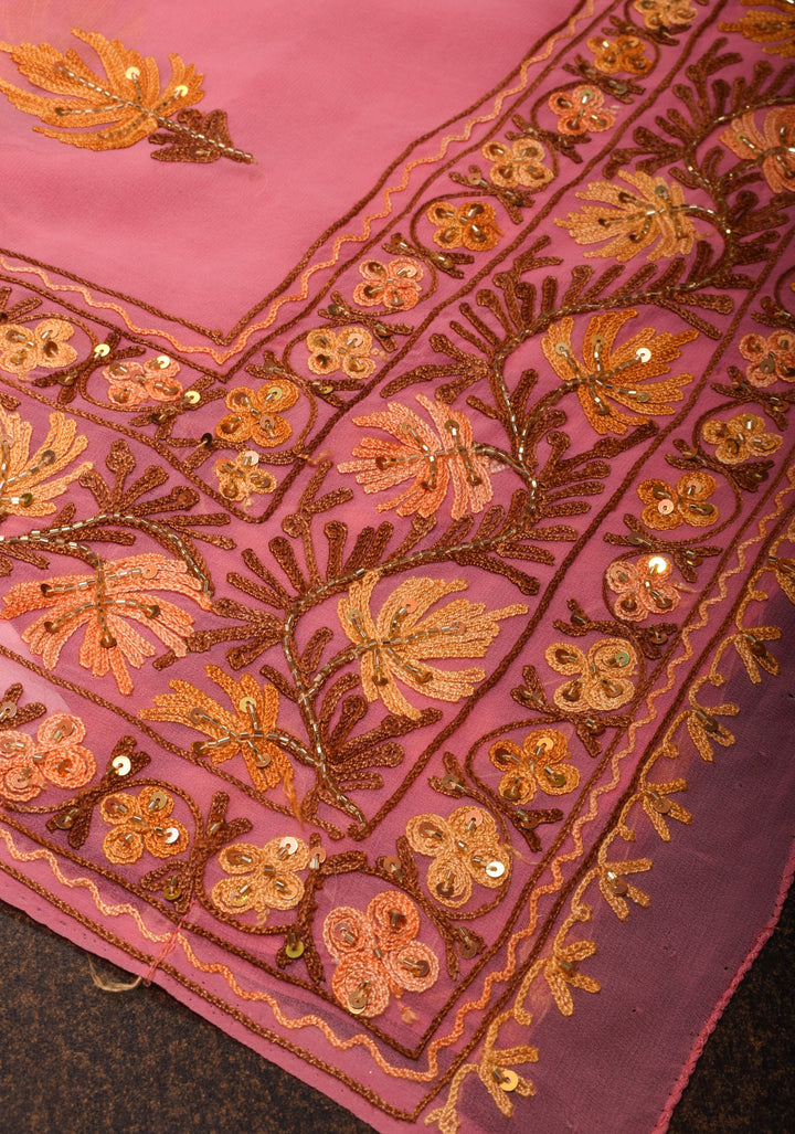 Exquisite Strawberry Pink Georgette Saree with Kashmiri Aari Work and cutdana work