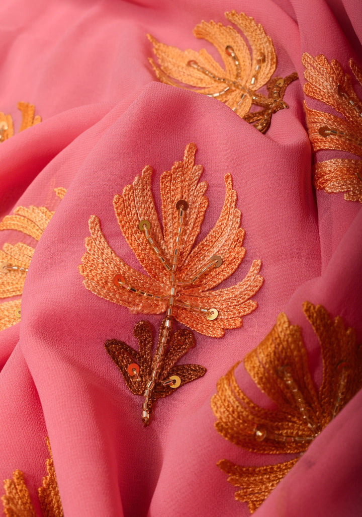 Exquisite Strawberry Pink Georgette Saree with Kashmiri Aari Work and cutdana work