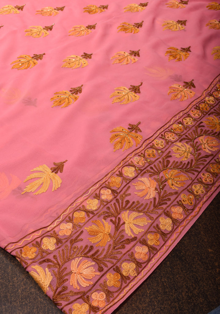 Exquisite Strawberry Pink Georgette Saree with Kashmiri Aari Work and cutdana work