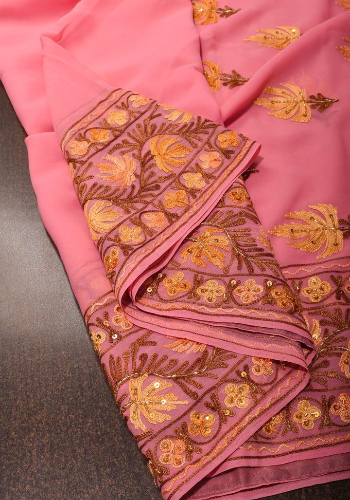 Exquisite Strawberry Pink Georgette Saree with Kashmiri Aari Work and cutdana work