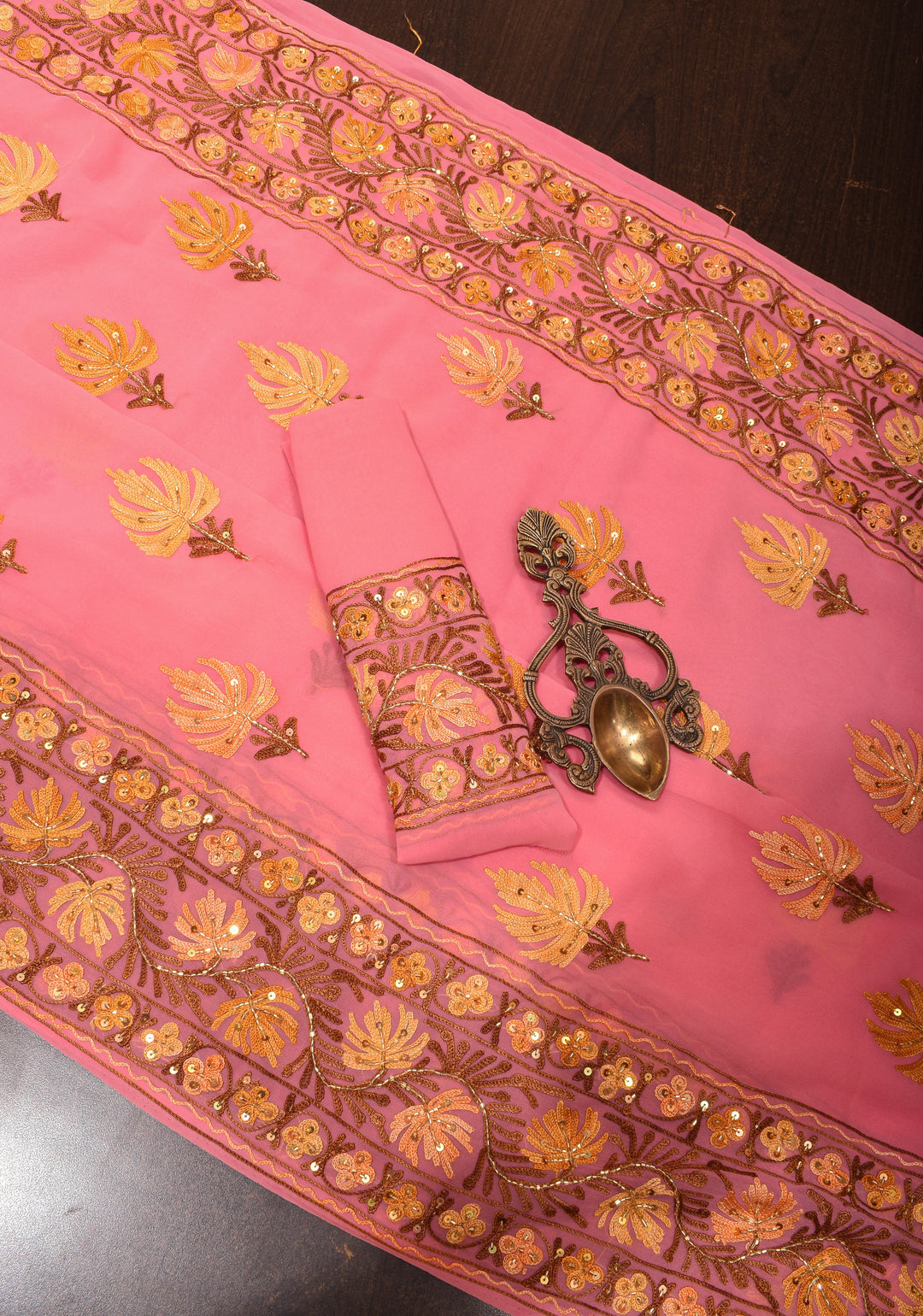 Exquisite Strawberry Pink Georgette Saree with Kashmiri Aari Work and cutdana work
