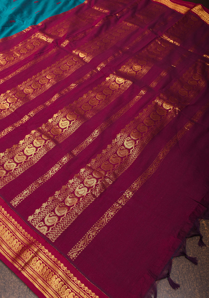 Dark Aquamarine Cotton Silk Saree with Contrast Zari Border and Pallu