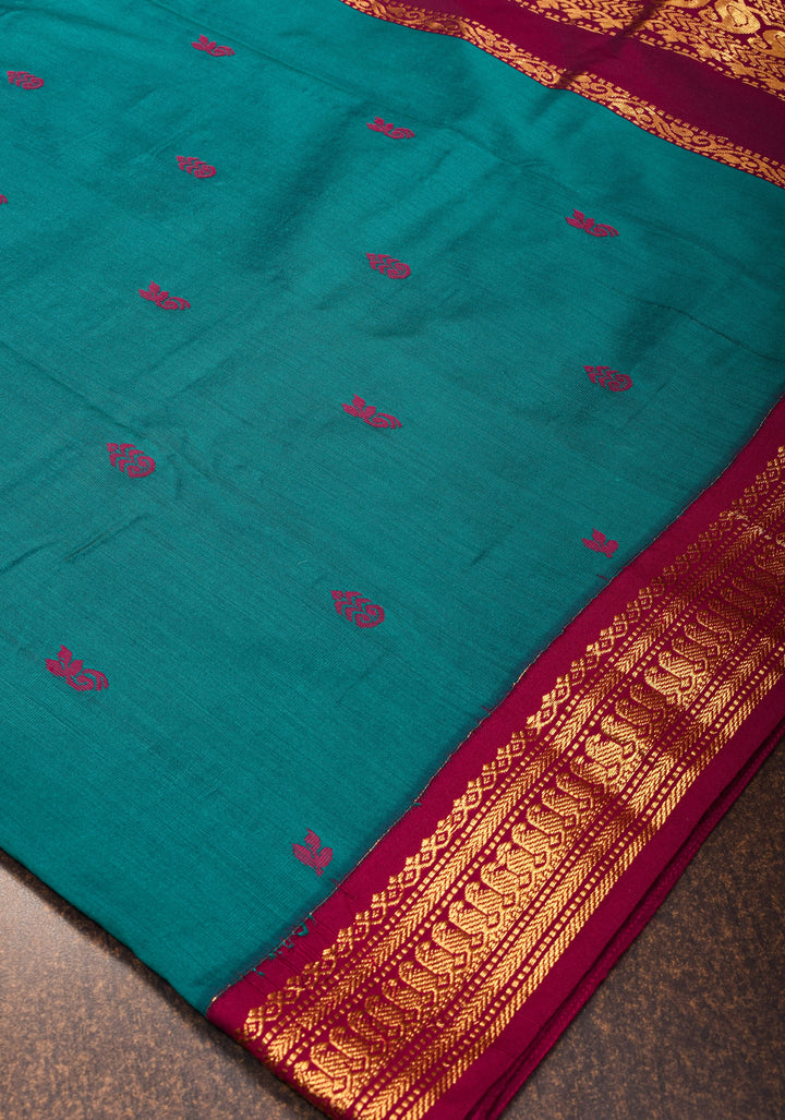 Dark Aquamarine Cotton Silk Saree with Contrast Zari Border and Pallu