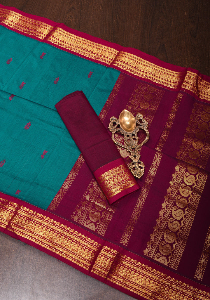 Dark Aquamarine Cotton Silk Saree with Contrast Zari Border and Pallu