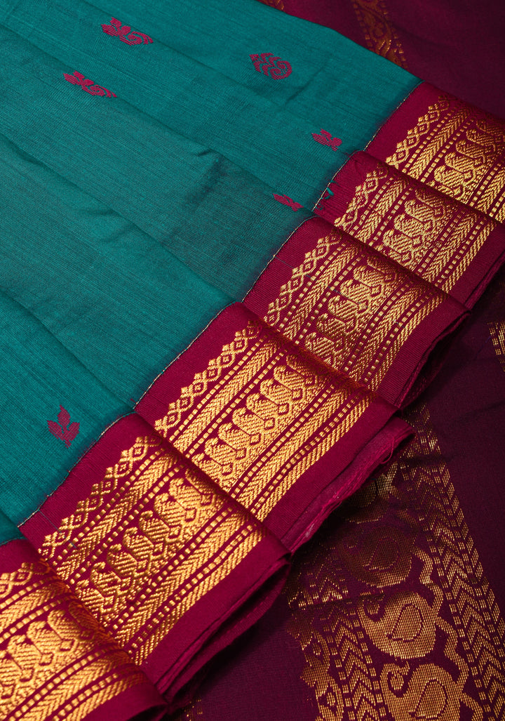 Dark Aquamarine Cotton Silk Saree with Contrast Zari Border and Pallu