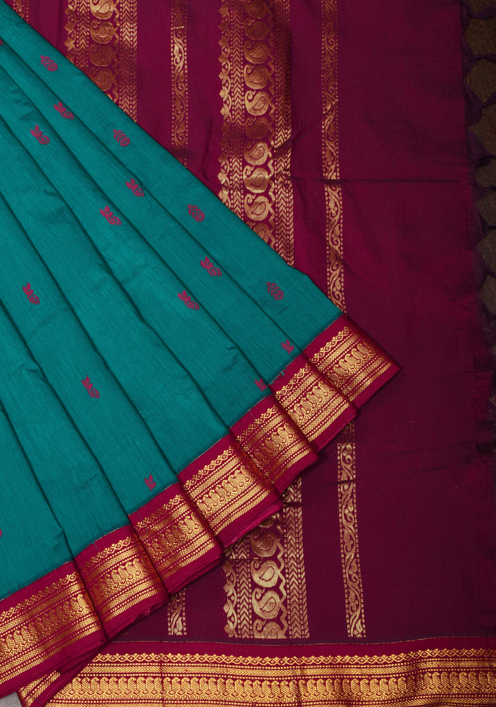 Dark Aquamarine Cotton Silk Saree with Contrast Zari Border and Pallu