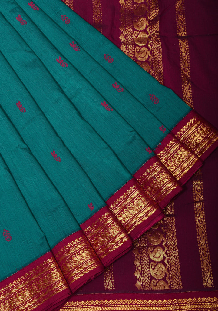 Dark Aquamarine Cotton Silk Saree with Contrast Zari Border and Pallu