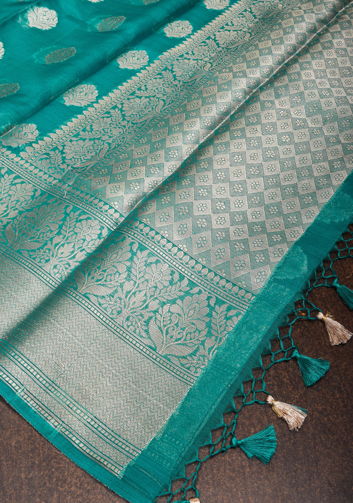 Unique Silver Zari butta Banarasi Semi Kora Silk Saree in Teal Blue with Silver tone zari