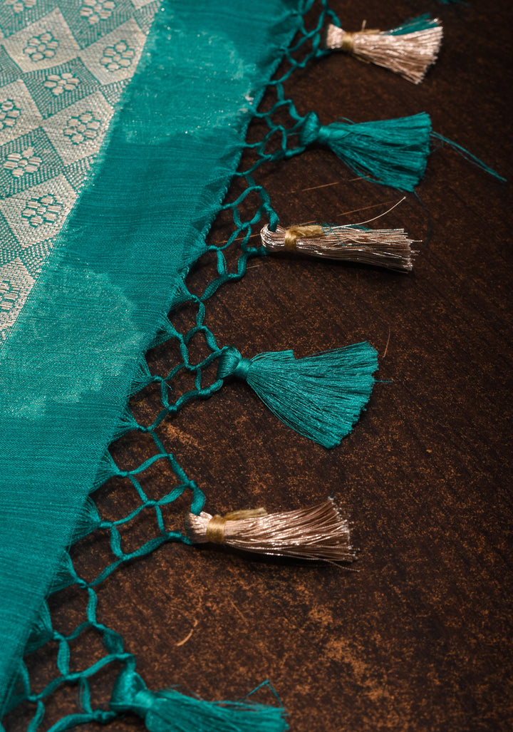Unique Silver Zari butta Banarasi Semi Kora Silk Saree in Teal Blue with Silver tone zari