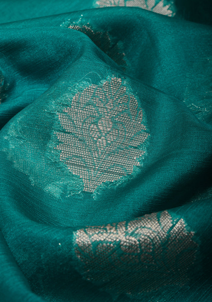 Unique Silver Zari butta Banarasi Semi Kora Silk Saree in Teal Blue with Silver tone zari