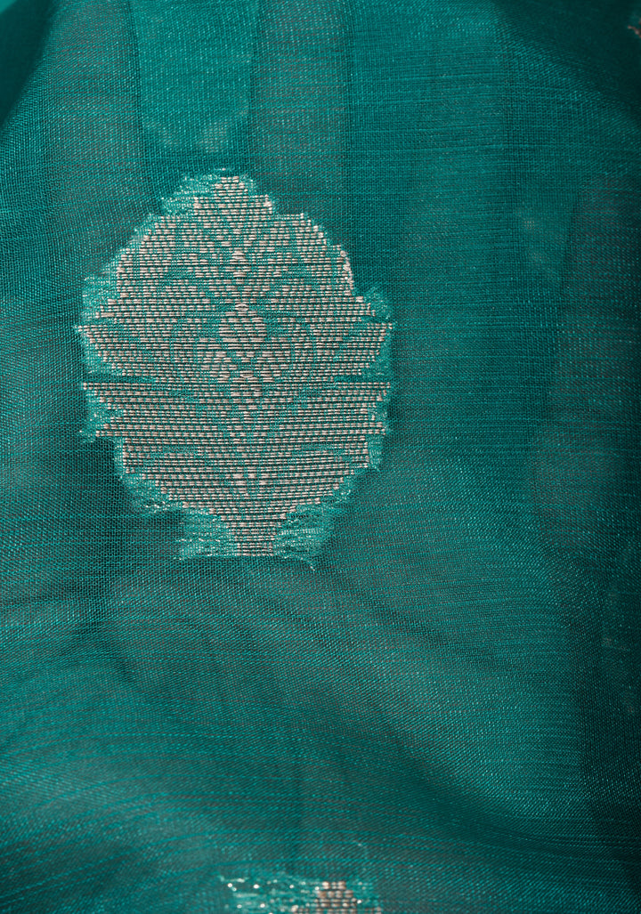 Unique Silver Zari butta Banarasi Semi Kora Silk Saree in Teal Blue with Silver tone zari