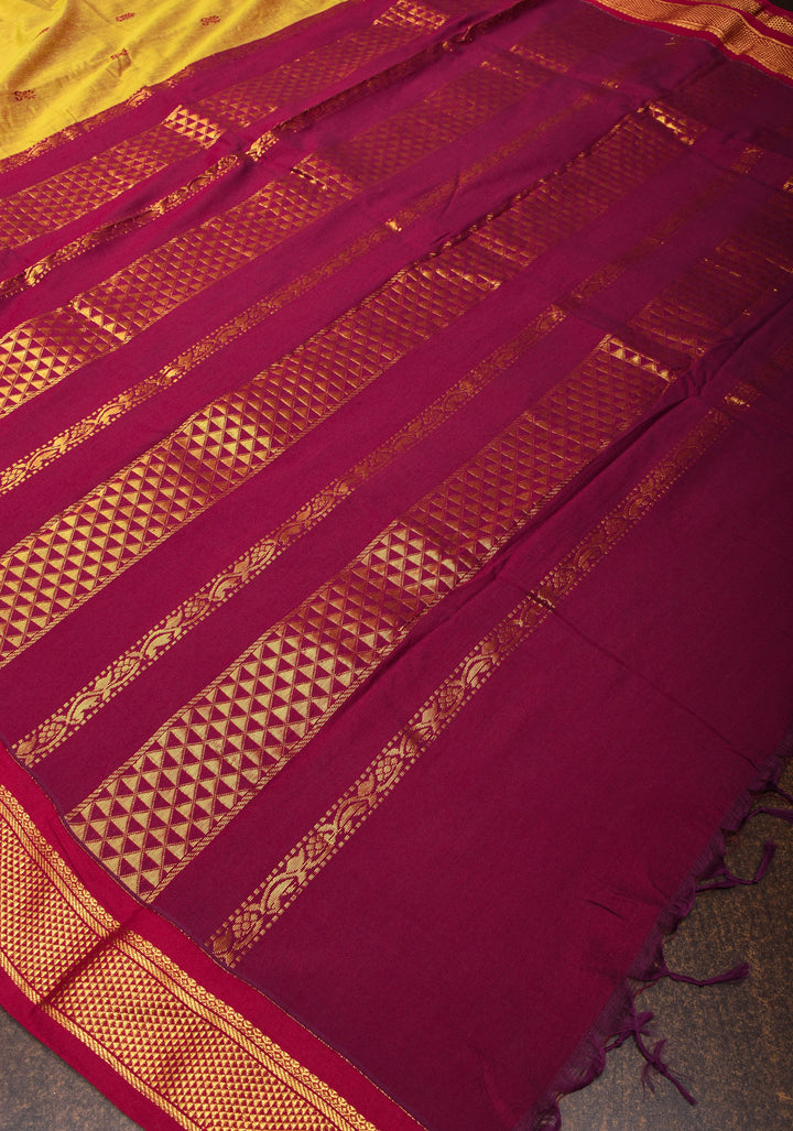 Sulphur Yellow Cotton Silk Saree with Zari Buttas and Contrast Zari Border
