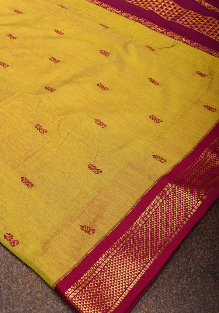 Sulphur Yellow Cotton Silk Saree with Zari Buttas and Contrast Zari Border