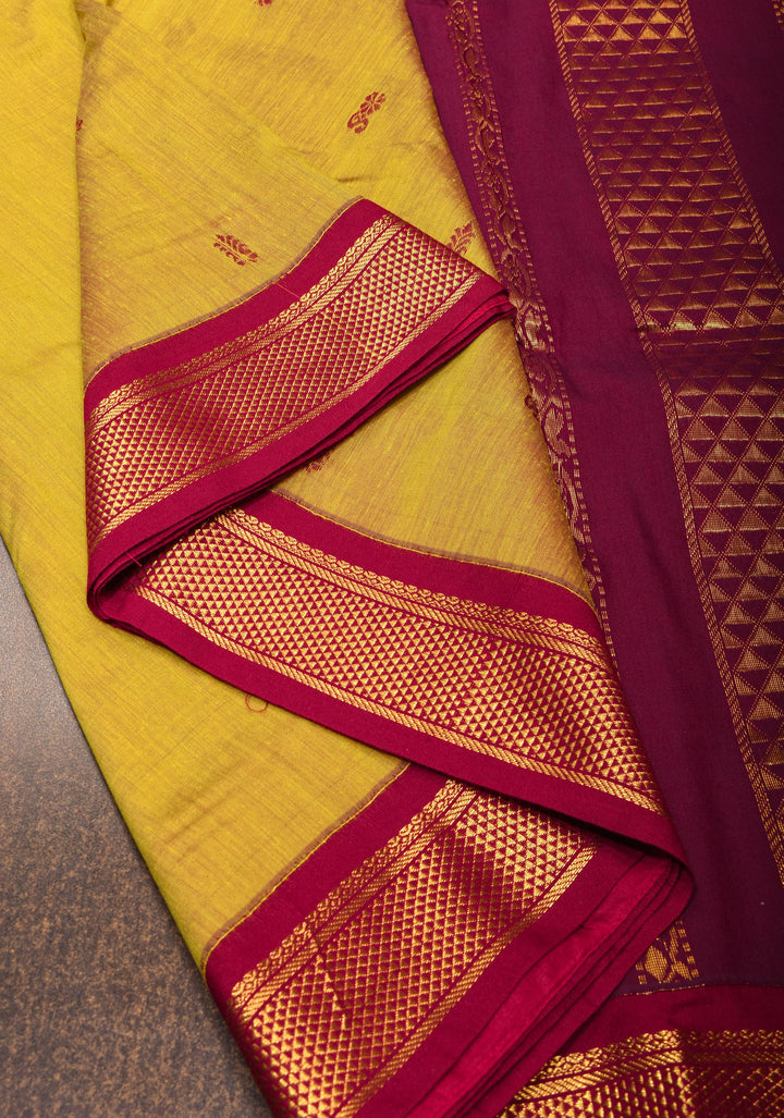 Sulphur Yellow Cotton Silk Saree with Zari Buttas and Contrast Zari Border