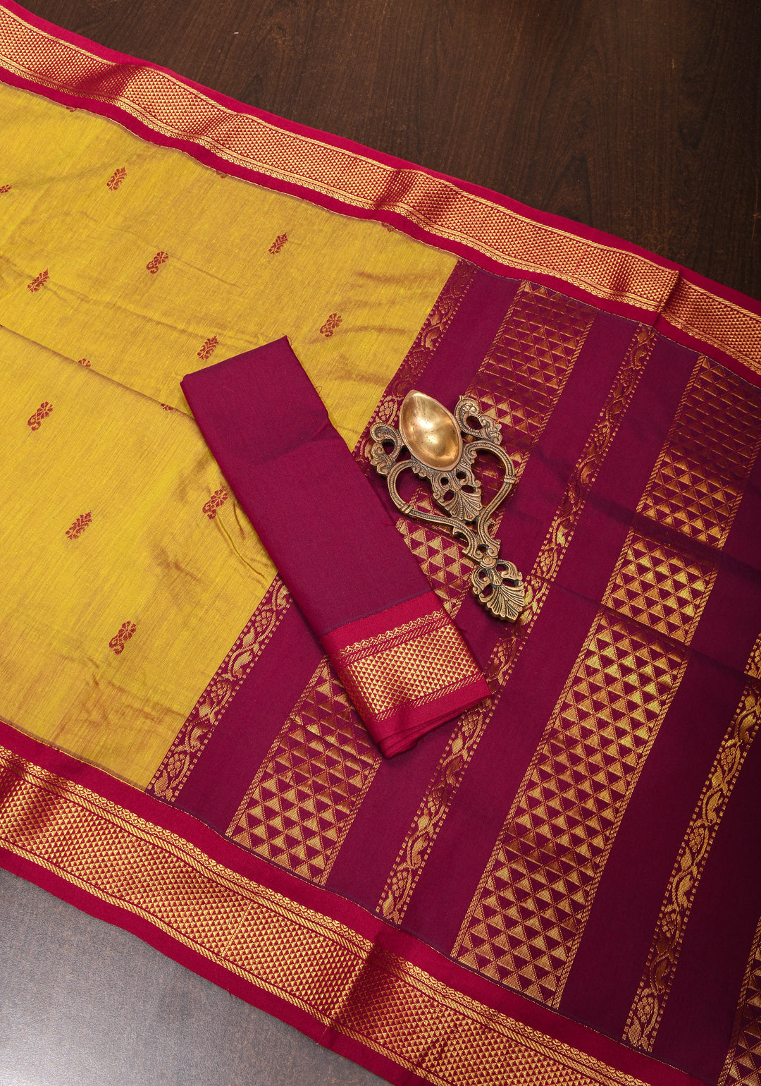 Sulphur Yellow Cotton Silk Saree with Zari Buttas and Contrast Zari Border
