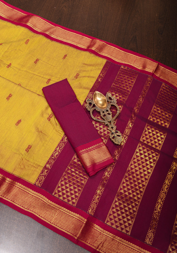 Sulphur Yellow Cotton Silk Saree with Zari Buttas and Contrast Zari Border