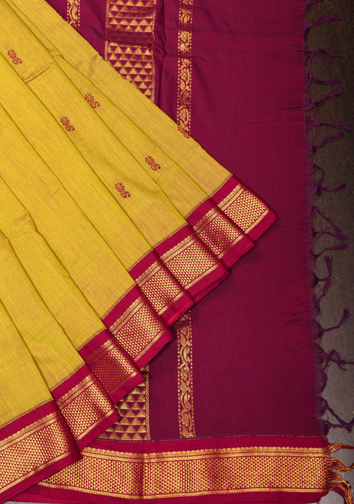 Sulphur Yellow Cotton Silk Saree with Zari Buttas and Contrast Zari Border