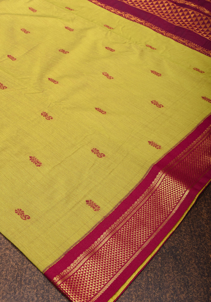 Moss Green Cotton Silk Saree with Thread buttas and Contrast zari borders and Pallu