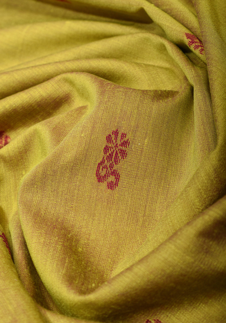 Moss Green Cotton Silk Saree with Thread buttas and Contrast zari borders and Pallu