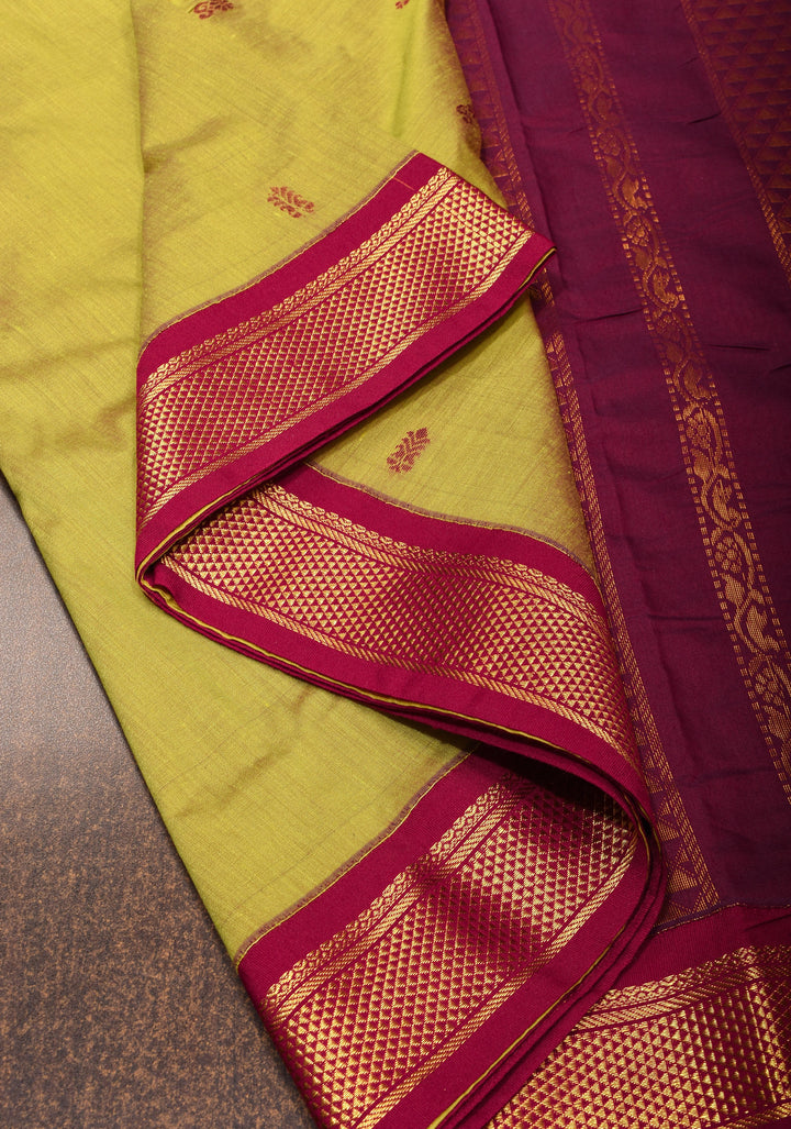 Moss Green Cotton Silk Saree with Thread buttas and Contrast zari borders and Pallu