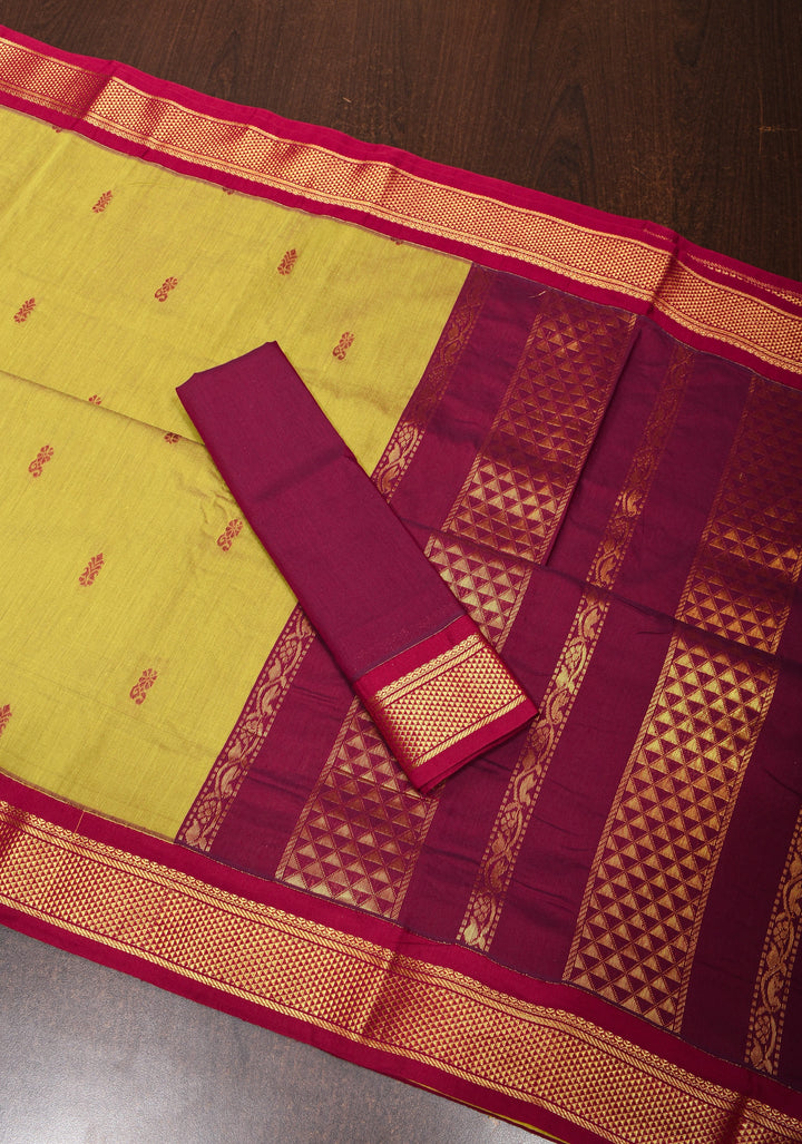 Moss Green Cotton Silk Saree with Thread buttas and Contrast zari borders and Pallu