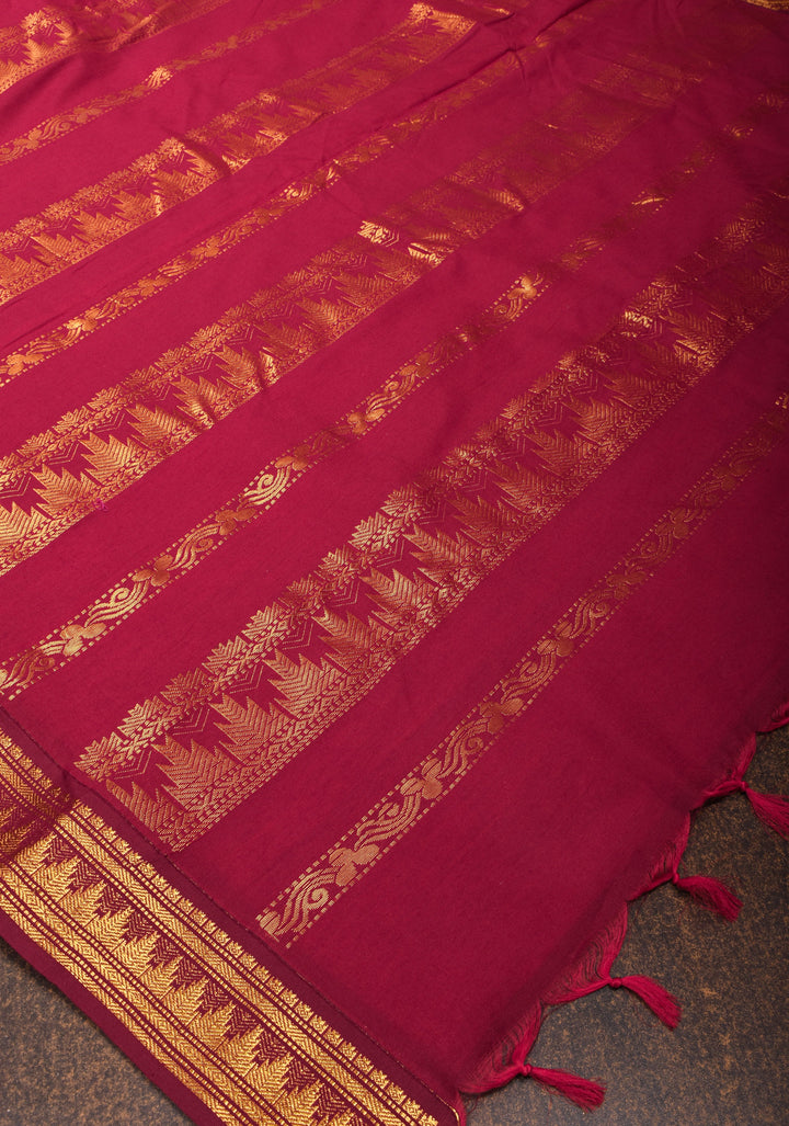 9 Yards Orange Cotton Silk Saree with Contrast Plum Zari Borders, No Blouse Piece