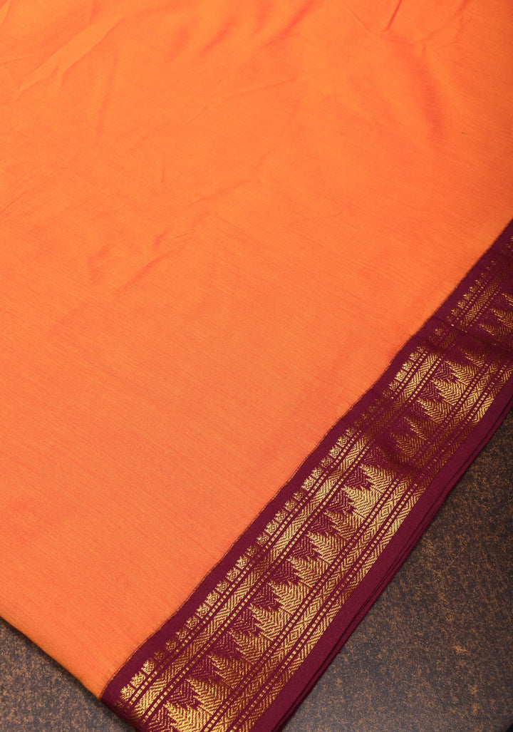 9 Yards Orange Cotton Silk Saree with Contrast Plum Zari Borders, No Blouse Piece