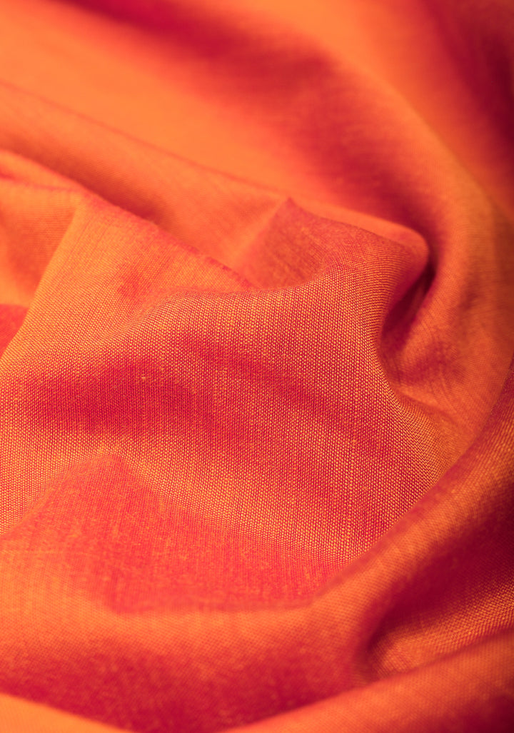 9 Yards Orange Cotton Silk Saree with Contrast Plum Zari Borders, No Blouse Piece