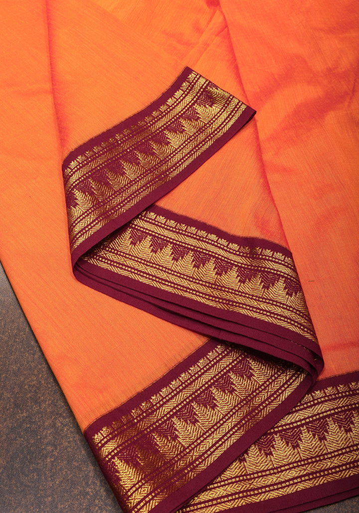 9 Yards Orange Cotton Silk Saree with Contrast Plum Zari Borders, No Blouse Piece