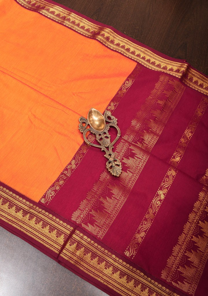 9 Yards Orange Cotton Silk Saree with Contrast Plum Zari Borders, No Blouse Piece