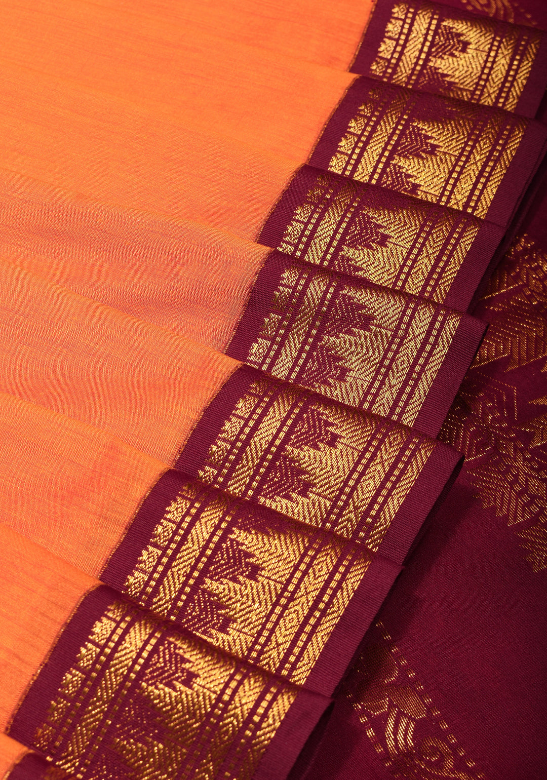 9 Yards Orange Cotton Silk Saree with Contrast Plum Zari Borders, No Blouse Piece