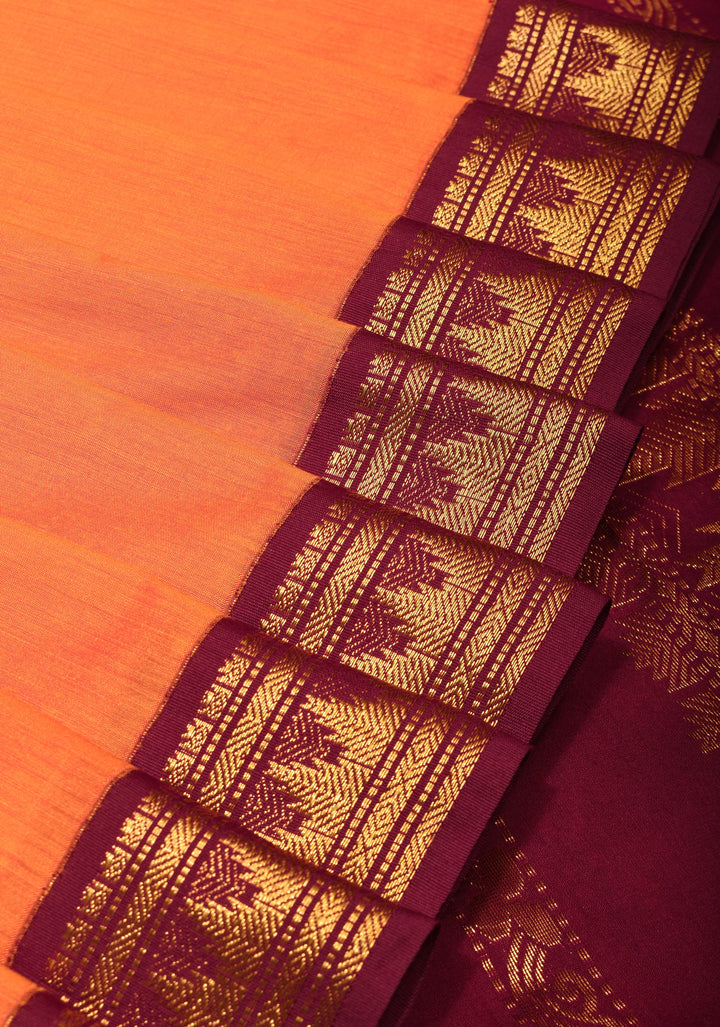 9 Yards Orange Cotton Silk Saree with Contrast Plum Zari Borders, No Blouse Piece