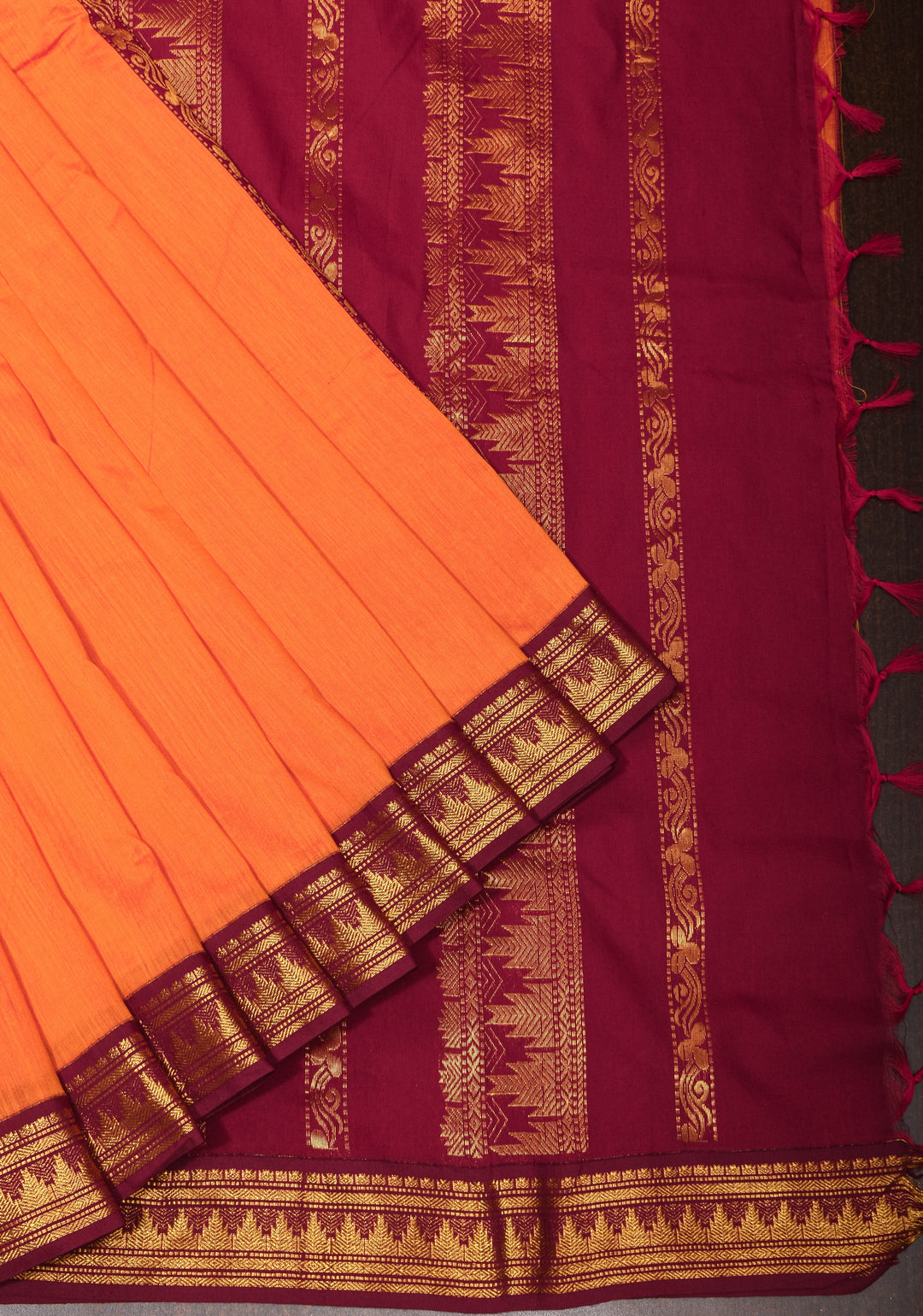 9 Yards Orange Cotton Silk Saree with Contrast Plum Zari Borders, No Blouse Piece