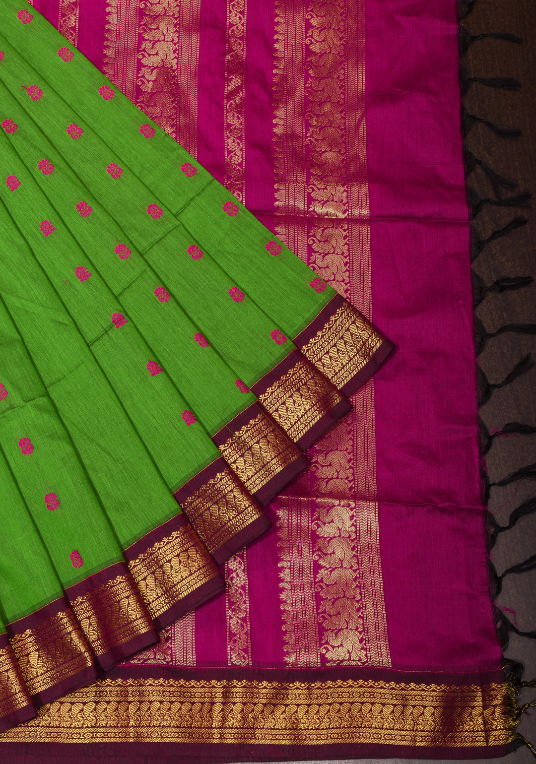 Leaf Green Venkatagiri Cotton Silk Saree with Maroon Contrast Zari Borders