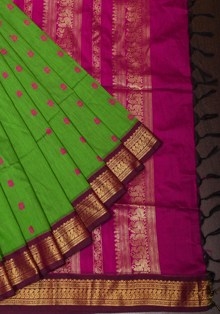Leaf Green Venkatagiri Cotton Silk Saree with Maroon Contrast Zari Borders